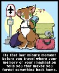  2014 ? aircraft airplane ambiguous_gender anthro backpack bench brown_fur canine chibi duffel_bag english_text fox fur green_eyes mammal nude o-kemono sign solo story story_in_description suitcase text white_fur 