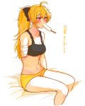  ahoge amputee bandaged_arm bandages blonde_hair breasts chuu cleavage commentary doodle food hair_ribbon long_hair navel popsicle purple_eyes ribbon rwby shorts solo sports_bra sweat translation_request yang_xiao_long 