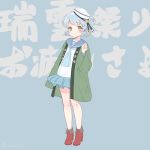  aqua_neckwear aqua_skirt black_ribbon blue_background blue_hair blue_sailor_collar boots clothes_removed dixie_cup_hat double_bun emia_wang full_body happi hat japanese_clothes kantai_collection long_sleeves looking_at_viewer military_hat miniskirt neckerchief pleated_skirt red_footwear ribbon sailor_collar samuel_b._roberts_(kantai_collection) school_uniform serafuku shirt short_hair skirt sleeve_cuffs smile solo translation_request wall_of_text white_hat white_shirt yellow_eyes 