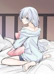  bed blue_eyes commentary jewelry looking_back monokuro_(sekahate) necklace pillow pillow_hug rwby scar scar_across_eye shorts sketch solo sweater weiss_schnee white_hair 