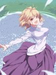  antenna_hair arcueid_brunestud auru_t bangs blonde_hair breasts commentary_request eyebrows_visible_through_hair flower full_body grass hair_between_eyes hair_intakes highres long_skirt open_mouth outstretched_arms petals purple_skirt red_eyes short_hair sidelocks skirt spread_arms sweater tsukihime turtleneck turtleneck_sweater white_sweater 