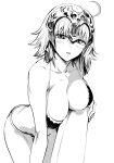  ahoge arm_support bangs bikini breasts cleavage fate/grand_order fate_(series) greyscale halter_top halterneck headpiece highres jeanne_d'arc_(alter)_(fate) jeanne_d'arc_(fate)_(all) looking_at_viewer medium_breasts monochrome nekoi_mie parted_lips short_hair sketch solo swimsuit 