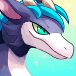  ambiguous_gender blitzdrachin blue_background blue_hair blue_scales digital_media_(artwork) dragon ears_back feral green_eyes hair headshot_portrait horn icon portrait reptile scales scalie simple_background smile solo sparkle star two_tone_background white_scales yellow_background 