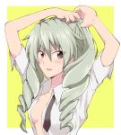  adjusting_hair anchovy arms_up bangs black_neckwear breasts commentary_request dress_shirt drill_hair girls_und_panzer green_hair long_hair moekichi necktie no_bra open_clothes open_mouth open_shirt outside_border red_eyes shirt sideboob sleeves_rolled_up solo twin_drills twintails undone_necktie upper_body white_shirt wing_collar yellow_background 