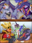  abygale_(buddyfight) angry anthro armor bound broken candy chimera-song chocolate claws comic covering_ears damaged defeat dialogue disgust dragon drum_(buddyfight) food future_card_buddyfight glue grabbing hair horn insult jackknife_dragon_(buddyfight) male muscular pocky reptile scalie simple_background sitting standing surprise sweets table teasing teeth text wounded 
