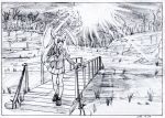  :d black_border border bridge dated day forest graphite_(medium) grass greyscale hand_up jacket light_rays loafers long_hair long_sleeves monochrome nature open_mouth outdoors pink_x pleated_skirt reisen_udongein_inaba river scan shoes skirt smile socks solo standing touhou traditional_media wooden_bridge 