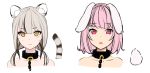  :o absurdres animal_ears bunny_ears bunny_tail chain closed_mouth collar grey_hair highres low_twintails medium_hair metal_collar multiple_girls nezuko nude original parted_lips pink_eyes pink_hair short_hair simple_background smile striped_tail sweatdrop tail tiger_ears tiger_tail twintails white_background yellow_background yellow_eyes 