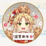  1girl :d animal animal_ears animal_on_head bangs blonde_hair blush boar chinese_zodiac commentary_request egasumi fang fate/apocrypha fate_(series) floral_print flower green_eyes hair_flower hair_ornament highres holding holding_sign japanese_clothes kemonomimi_mode kimono kurono_kito looking_at_viewer mordred_(fate) mordred_(fate)_(all) on_head one_side_up open_mouth parted_bangs partially_translated pig_ears print_kimono red_flower red_kimono revision sidelocks sign smile solo translation_request v-shaped_eyebrows white_flower year_of_the_pig 