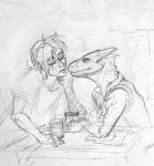  anthro cupping_chin drinks duo eyes_closed greyscale human imminent_kiss inside lizard male male/male mammal monochrome reptile scalie sketch smile wooy 