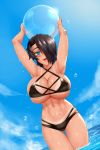  :d aqua_eyes armpits arms_up ass_visible_through_thighs ball beachball bikini bikini_tan black_bikini black_hair blue_sky breasts cleavage cloud commentary day hair_over_one_eye heart highres huge_breasts looking_at_viewer navel open_mouth original outdoors saya_(twrlare) short_hair skindentation sky smile solo sun_tattoo swimsuit tan tanline thigh_gap twrlare wading water water_drop wet 