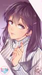  absurdres artist_name commentary copyright_name doki_doki_literature_club english_commentary hair_between_eyes hair_ornament hairclip highres holding holding_pen huge_filesize long_hair looking_at_viewer moriartea-chan pen purple_eyes purple_hair ribbed_sweater solo sweater upper_body white_sweater yuri_(doki_doki_literature_club) 