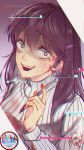  :d absurdres artist_name blood bloody_tears blush chromatic_aberration commentary constricted_pupils copyright_name crazy_eyes doki_doki_literature_club english_commentary glitch hair_between_eyes hair_ornament hairclip highres holding holding_pen huge_filesize long_hair looking_at_viewer moriartea-chan open_mouth pen purple_eyes purple_hair ribbed_sweater smile solo spoilers sweater upper_body white_sweater wrist_cutting yuri_(doki_doki_literature_club) 