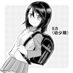  backpack bag bangs closed_mouth cowboy_shot dutch_angle eyebrows_visible_through_hair girls_und_panzer greyscale halftone halftone_background jacket long_sleeves looking_at_viewer medium_hair mika_(girls_und_panzer) miniskirt moekichi monochrome outside_border pleated_skirt raglan_sleeves randoseru skirt smile solo standing track_jacket younger 