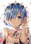  absurdres adjusting_hair bangs blue_eyes blue_hair blurry blurry_background blush breasts cleavage detached_collar detached_sleeves hair_ornament hair_over_one_eye hair_ribbon hair_tucking headdress highres koi0806 looking_at_viewer maid pink_ribbon re:zero_kara_hajimeru_isekai_seikatsu red_ribbon rem_(re:zero) ribbon shiny shiny_hair short_hair smile solo standing sunlight upper_body white_background x_hair_ornament 