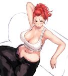  arm_behind_head arm_up armpits bare_arms bare_shoulders black_pants blush breasts cleavage closed_mouth collarbone commentary couch covered_nipples earrings from_above grey_eyes jewelry large_breasts looking_at_viewer looking_up midriff navel number original pants ponytail red_hair shiny shiny_skin short_hair short_ponytail shu-mai simple_background sitting solo stomach unbuttoned_pants white_background white_tank_top 