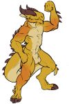  abs animal_genitalia anthro balls beezlebumawoken biceps claws flexing gold_scales hi_res horn invalid_tag ky_vaath looking_at_viewer male muscular muscular_male navel nude pose red_eyes shagaru_magala sheath simple_background solo spines standing white_background 