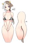  absurdres animal_ears animal_print ass bangs bare_arms bare_shoulders black_bra bottomless bra breasts brown_hair closed_mouth covering covering_crotch cow_ears cow_horns cow_print cow_tail grey_hair heterochromia highres horns large_breasts looking_at_viewer multicolored_hair multiple_views navel nezuko original parted_bangs ponytail purple_eyes red_eyes signature simple_background smile standing tail thigh_gap translated two-tone_hair underwear white_background 