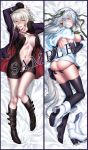  ass bare_back bed_sheet bell belt_boots black_bra black_dress black_footwear black_gloves black_panties boot_removed boots border bra capelet clenched_teeth coat collarbone commentary_request cosplay covering covering_one_breast dakimakura dress elbow_gloves fate/grand_order fate_(series) fur-trimmed_capelet fur-trimmed_coat fur-trimmed_gloves fur_trim gloves green_ribbon headpiece high_heel_boots high_heels highres jeanne_d'arc_(alter)_(fate) jeanne_d'arc_(fate)_(all) jeanne_d'arc_alter_santa_lily jeanne_d'arc_alter_santa_lily_(cosplay) jewelry knee_boots long_hair lying multiple_views navel necklace okitakung on_back on_side open_clothes open_dress open_mouth panties panty_pull purple_border purple_coat red_ribbon ribbon sample sheet_grab short_dress short_hair silver_hair single_boot striped striped_ribbon teeth undersized_clothes underwear unzipped white_capelet white_dress white_footwear wicked_dragon_witch_ver._shinjuku_1999 yellow_eyes zipper 