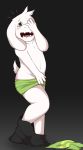  4_fingers anthro ariku asriel_dreemurr boxers_(clothing) child clothing covering covering_self cub embarrassed fur open_mouth simple_background standing tears undertale underwear undressing video_games white_fur young 