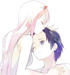  1girl bangs black_hair breasts closed_eyes couple darling_in_the_franxx green_eyes hair_ornament hairband hand_on_another's_chest hetero hiro_(darling_in_the_franxx) horns kiss large_breasts long_hair nightgown o0str0o one_eye_closed oni_horns pajamas pink_hair red_horns sleeveless spoilers white_hairband white_nightgown white_pajamas zero_two_(darling_in_the_franxx) 