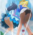  3girls ahoge black_panties blonde_hair blue_dress blue_hair blue_sky day dress from_behind from_below haruyama_kazunori hugtto!_precure kagayaki_homare kneepits legs long_hair multiple_girls nono_hana outdoors panties precure red_hair short_hair skirt sky socks standing underwear upskirt white_panties white_skirt wind yakushiji_saaya 