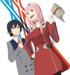  1girl bangs black_hair blue_eyes commentary couple darling_in_the_franxx green_eyes hair_ornament hairband hand_on_hip hand_on_own_chest hat hetero highres hiro_(darling_in_the_franxx) horns i211 long_hair long_sleeves military military_uniform necktie oni_horns open_mouth orange_neckwear pantyhose peaked_cap pink_hair red_horns red_neckwear uniform white_hairband zero_two_(darling_in_the_franxx) 