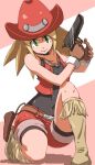  adapted_costume bare_arms bare_shoulders belt bike_shorts bike_shorts_under_shorts blonde_hair boots brown_gloves covered_navel cowboy_boots cowboy_hat cropped_jacket gloves graphite_(medium) green_eyes gun hat holding holding_weapon jacket long_hair looking_at_viewer red_hat red_jacket red_shorts rockman rockman_dash roll_caskett scarf sen_(sen0910) short_shorts shorts sidelocks smile solo spiked_hair traditional_media undershirt weapon western 