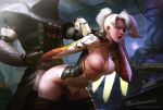  1girl arm_held_back blurry blurry_background breasts closed_eyes doggystyle grabbing grabbing_from_behind hetero high_ponytail highres hood long_sleeves makeup mercy_(overwatch) neck_grab open_mouth overwatch pants_pull patreon_username ponytail reaper_(overwatch) revision rough_sex sex shaded_face shadow short_ponytail signature single_wing standing_sex tarakanovich tongue torn_clothes torogao trench_coat watermark web_address white_hair wings wrist_grab 