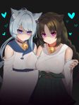  animal_ears asashio_(azur_lane) azur_lane bangs bell black_background blue_eyes blue_hair blue_sailor_collar blue_skirt braid breasts brown_hair cat_ears fang_out glowing glowing_eyes hair_intakes hakama_skirt heart highres jingle_bell large_breasts long_hair long_sleeves looking_at_viewer multiple_girls neck_bell nezuko ooshio_(azur_lane) parted_bangs pink_eyes ponytail sailor_collar shaded_face shoulder_cutout simple_background skirt smile twin_braids very_long_hair wide_sleeves yandere 