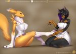  2018 after_shower anthro black_fur black_hair black_sclera blue_eyes breasts brown_fur canine cleavage clothed clothing colored_nails digimon doberman dog doomthewolf duo female fur hair mammal multicolored_fur multicolored_hair painting_nails purple_hair renamon simple_background towel two_tone_fur two_tone_hair wet white_fur yellow_fur zoey_(dirtyrenamon) 