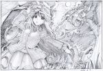  :o black_border border bubble_skirt collared_shirt dated expressionless eyebrows_visible_through_hair fan folding_fan forest fox_mask graphite_(medium) greyscale hata_no_kokoro highres holding holding_fan long_hair long_sleeves looking_at_viewer mask monochrome nature navel outdoors parted_lips pink_x scan shirt skirt sky solo standing tengu_mask touhou traditional_media wing_collar 
