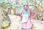 basket black_border border closed_mouth colored_pencil_(medium) dated day dress fence gem graphite_(medium) grass highres holding imaizumi_kagerou key_frame light_rays long_hair long_sleeves looking_to_the_side outdoors pink_x red_hair red_skirt scan skirt smile stairs standing tail touhou traditional_media white_dress wolf_ears wolf_tail 