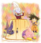  :p animal antennae beerus black_eyes black_hair boots cape cat chibi closed_eyes commentary_request dessert dougi dragon_ball dragon_ball_super dragon_ball_z dragon_ball_z_kami_to_kami eating eyebrows_visible_through_hair finger_to_mouth fingernails food full_body gloves happy long_sleeves looking_at_another majin_buu male_focus multicolored multicolored_background multiple_boys open_mouth plate pudding short_hair smile son_gokuu spiked_hair spoon stargeyser tongue tongue_out whis white_hair 