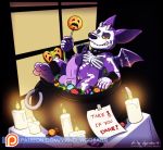  2017 anthro black_nose bodypaint bone candle candy costume digital_drawing_(artwork) digital_media_(artwork) english_text erection fire flint_(vir-no-vigoratus) food gargoyle halloween holidays horn humanoid male membranous_wings nude paint patreon penis purple_penis red_pupils skeleton smile solo text vein veiny_penis vir-no-vigoratus wings yellow_sclera 