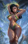  abs arm_behind_head arms_up artist_name asymmetrical_hair bikini black_hair blue_sky breasts breasts_apart cleavage cloud cornrows cutesexyrobutts electricity green_bikini highres laura_matsuda looking_at_viewer md5_mismatch palm_tree parted_lips skindentation sky slingshot_swimsuit smile solo street_fighter street_fighter_v swimsuit toned tree undercut wide_hips 