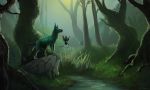  2017 avian bird canine claws creek day detailed_background digital_media_(artwork) duo feral forest fur green_fur hybrid mammal outside rock soulsplosion tree 