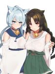  animal_ears asashio_(azur_lane) azur_lane bangs bell blue_eyes blue_hair blue_sailor_collar blue_skirt braid breasts brown_hair cat_ears fang_out hair_intakes hakama_skirt highres jingle_bell large_breasts long_hair long_sleeves looking_at_viewer multiple_girls neck_bell nezuko ooshio_(azur_lane) parted_bangs red_eyes sailor_collar shoulder_cutout simple_background skirt smile twin_braids very_long_hair white_background wide_sleeves 