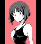  adjusting_clothes adjusting_swimsuit bangs blunt_bangs bob_cut commentary_request girls_und_panzer gotou_moyoko greyscale light_frown looking_at_viewer moekichi monochrome one-piece_swimsuit open_mouth pillarboxed red_background school_swimsuit short_hair solo standing swimsuit upper_body 