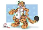  &lt;3 2018 3_toes animate_inanimate anthro black_fur blush digital_drawing_(artwork) digital_media_(artwork) dracky featureless_crotch feline fur kaelin-tiger living_plush male mammal markings multicolored_fur nude orange_fur plushie potion simple_background smile solo standing striped_fur striped_tail stripes tiger toes transformation white_fur 