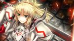  angry armor artist_name blonde_hair clarent commentary dated fate/apocrypha fate_(series) gauntlets green_eyes hair_ornament hair_scrunchie highres medium_hair mordred_(fate) mordred_(fate)_(all) ponytail red_scrunchie scrunchie solo spiked_hair stone_floor theerawat 