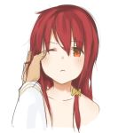  1girl :&lt; blush bow closed_mouth copyright_request hair_bow hand_on_another's_face long_hair looking_at_viewer nezuko nude one_eye_closed pov pov_hands red_eyes red_hair simple_background sketch smile white_background yellow_bow 