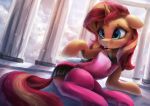  2018 absurd_res clothing equestria_girls equine female hair hi_res horn legwear mammal multicolored_hair my_little_pony smile solo sunset_shimmer_(eg) tongue tongue_out two_tone_hair unicorn vanillaghosties 