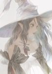  bangs bare_shoulders black_eyes black_hair closed_mouth dress grey_background hair_between_eyes hat leaf long_hair matayoshi muted_color original pointy_ears simple_background solo upper_body white_dress white_hat witch witch_hat 