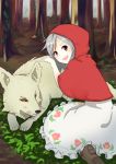  :d big_bad_wolf_(grimm) black_sclera blush boots brown_footwear capelet forest grey_hair hood hood_up hooded_capelet kneeling little_red_riding_hood little_red_riding_hood_(grimm) looking_at_viewer looking_back nature nezuko open_mouth red_capelet red_eyes red_hood round_teeth short_hair skirt smile teeth tree white_skirt wolf 