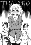 beanie comic commentary cover cover_page crossdressing english_commentary greyscale grin hat looking_at_viewer monochrome multiple_boys original otoko_no_ko peach_(momozen) pleated_skirt rope shaded_face shirt skirt smile t-shirt tank_top tearing_up thighhighs veins white_background zettai_ryouiki 