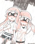  bangs bare_arms bike_shorts blunt_bangs blush breasts closed_mouth commentary cowboy_shot domino_mask eromame fang hand_up inkling legs_apart long_hair looking_down looking_up mask medium_breasts monochrome multiple_girls nose_blush open_mouth pointy_ears shirt short_sleeves side-by-side splatoon_(series) splatoon_1 standing suction_cups tank_top tentacle_hair twitter_username wet wet_clothes wet_hair wet_shirt yuri 