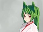  :o animal_ears bangs copyright_request extra_ears fox_ears green_hair grey_background highres japanese_clothes long_hair looking_at_viewer miko nezuko parted_lips ponytail red_eyes sidelocks simple_background solo upper_body 
