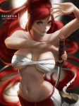  absurdres arm_up bandages bare_arms bare_shoulders breasts breasts_apart cleavage covered_nipples cowboy_shot erza_scarlet fairy_tail hair_lift hakama highres hips holding holding_sword holding_weapon japanese_clothes katana large_breasts lolliedrop long_hair navel no_shirt patreon_username ponytail red_eyes red_hair red_hakama red_lips sarashi sidelocks signature stomach sword very_long_hair weapon 