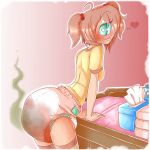  &lt;3 1_eye blush clothed clothing cyclops diaper feces female freckles hair hi_res humanoid messy_diaper pink_hair scat simple_background soiling solo tongue tongue_out 
