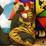  anthro beach black_fur blonde_hair breasts duo ear_piercing embrace facial_piercing feline female female/female fur hair hi_res kissing kneeling mammal multicolored_hair natysanime nipples nose_piercing nose_ring nude open_mouth outside piercing seaside striped_fur stripes tail_ring two_tone_hair 